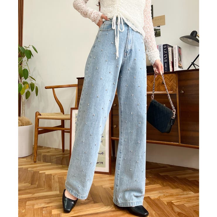 moment+ パール＆ビジュー＆ラインストーンデニムパンツ パンツ・ズボン