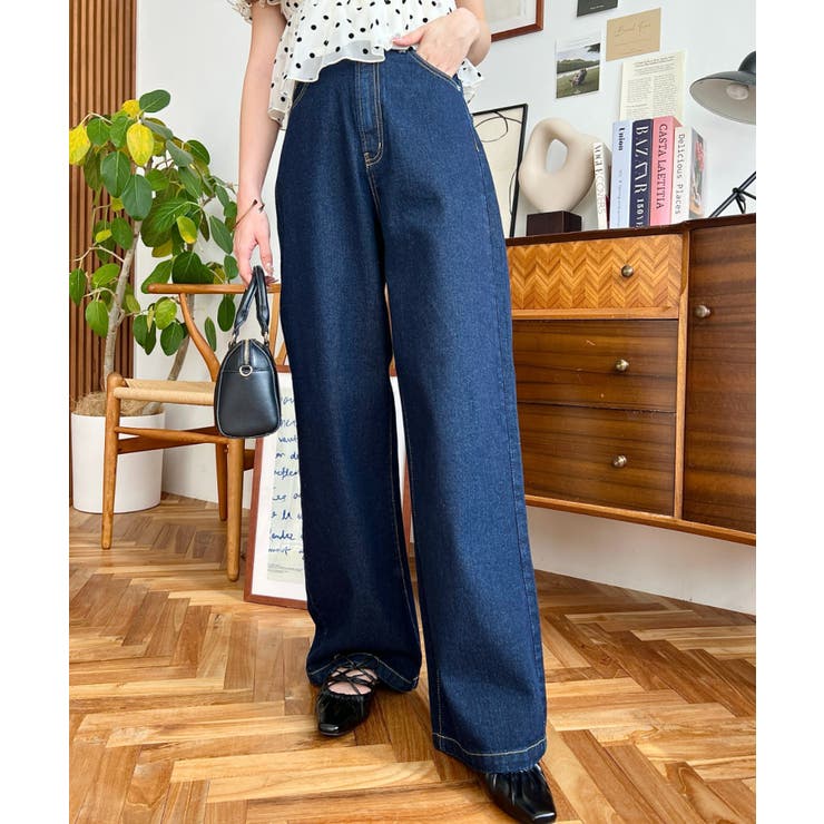 moment+ デニム＆ツイルハイウェストストレートパンツ パンツ・ズボン