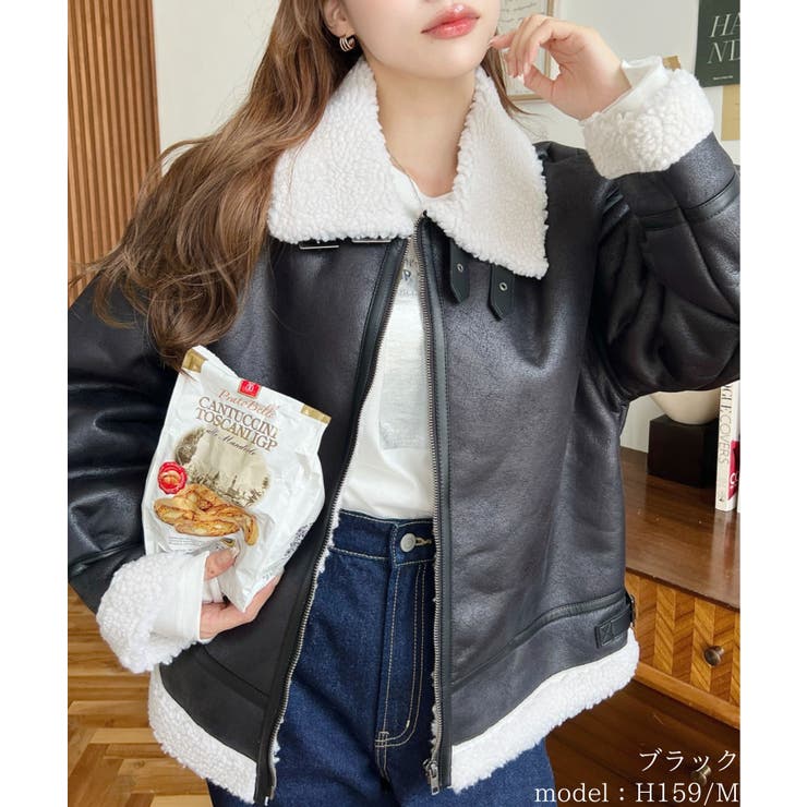 moment+ フェイクレザー×ボアフェイクムートンフライトジャケットブルゾン アウター(コート・ジャケットなど)
