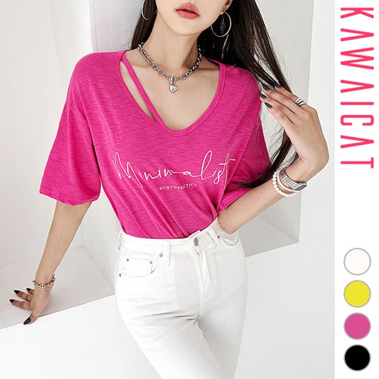 KawaiCat Tシャツ レディース トップス 半袖 五分袖 Vネック カットソー ロゴ 英字 プリント ゆったり ロング丈 綿 コットン プルオーバー カジュアル おしゃれ 上品 黒 白 春 夏 to26183 トップス