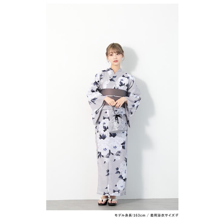 【10％OFFクーポン！6/11(木)1:59まで】SOUBIEN 浴衣 セット レディース 浴衣セット 半幅帯 2023 大人 3点セット モダン グレー 灰色系 ホワイト 白 牡丹 花 S フリー 浴衣・着物