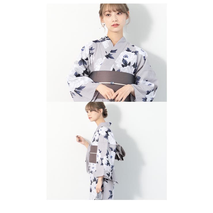 【10％OFFクーポン！6/11(木)1:59まで】SOUBIEN 浴衣 セット レディース 浴衣セット 半幅帯 2023 大人 3点セット モダン グレー 灰色系 ホワイト 白 牡丹 花 S フリー 浴衣・着物