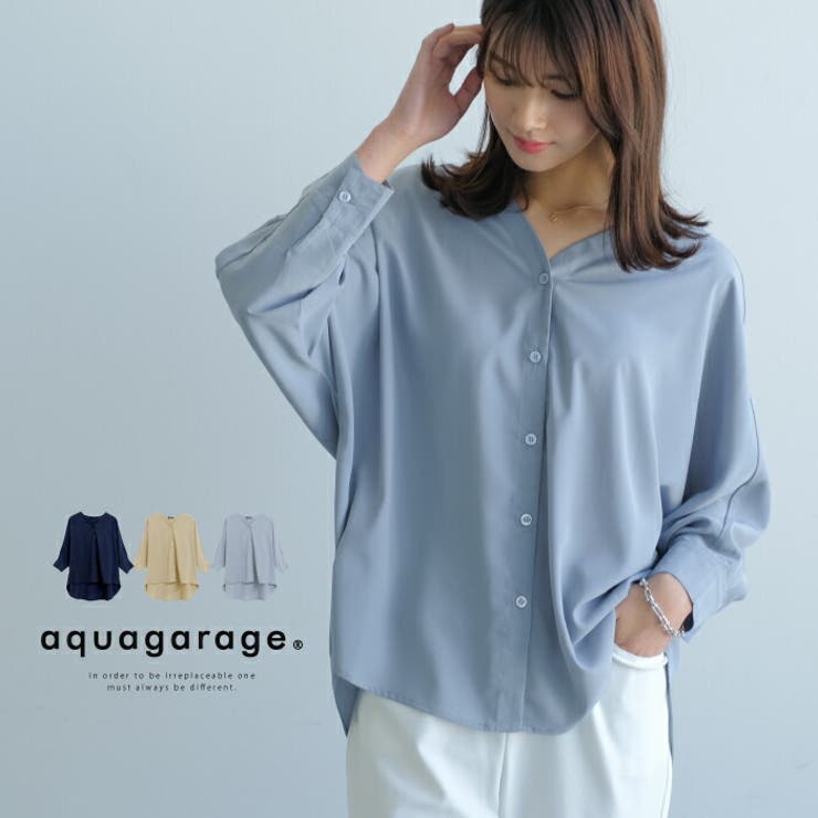 【10％OFFクーポン！3/26(木)1:59まで】aquagarage オフィスにも普段にも使える！スリットバンドカラーブラウス トップス