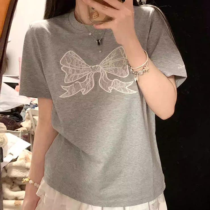 【10％OFFクーポン！9/24(木)1:59まで】レースレディース フロント レースリボン クルーネック 半袖 Tシャツ トップス セットインスリーブ レディース 春 夏 丸首 ゆったり 楽ちん 可愛い シンプル デイリー スイート カジュアル キュー shoplistselect-10320255 SHOPLIST パッケージ画像