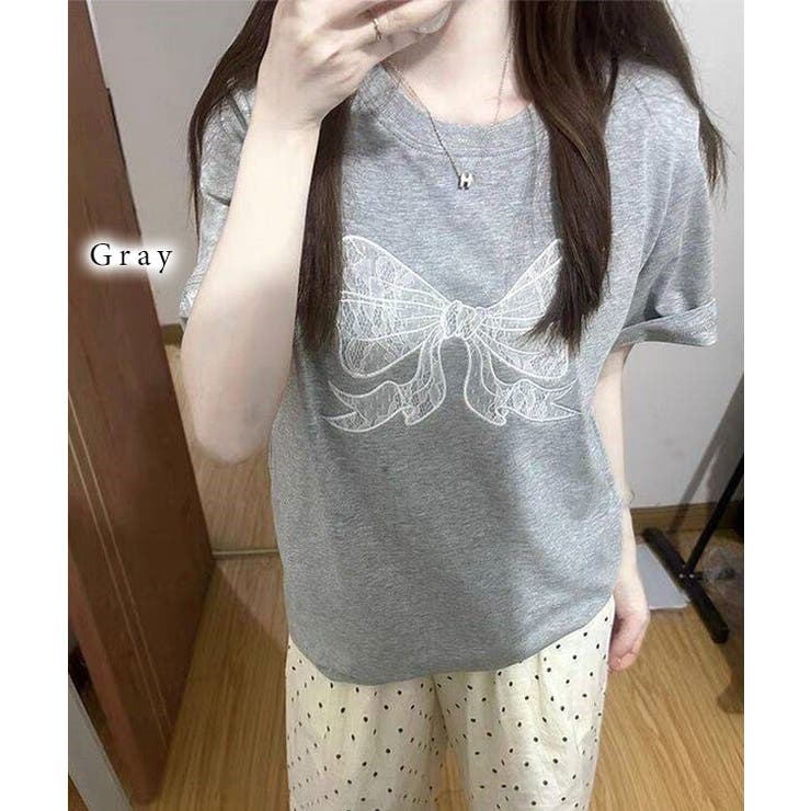 【10％OFFクーポン！9/24(木)1:59まで】レースレディース フロント レースリボン クルーネック 半袖 Tシャツ トップス セットインスリーブ レディース 春 夏 丸首 ゆったり 楽ちん 可愛い シンプル デイリー スイート カジュアル キュー shoplistselect-10320255 SHOPLIST サンプル画像2