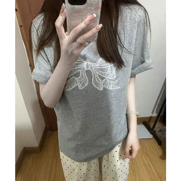 【10％OFFクーポン！9/24(木)1:59まで】レースレディース フロント レースリボン クルーネック 半袖 Tシャツ トップス セットインスリーブ レディース 春 夏 丸首 ゆったり 楽ちん 可愛い シンプル デイリー スイート カジュアル キュー shoplistselect-10320255 SHOPLIST サンプル画像3