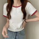 レースレディース 配色 クロップド丈 クルーネック 半袖 Tシャツ トップス セットインスリーブ レディース 春 夏 丸首 ショート丈 コンパクト 細見え 可愛...