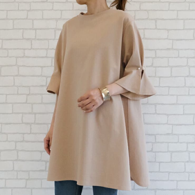 aquagarage 袖に施したパールがかわいい袖パール付きフレアチュニック トップス