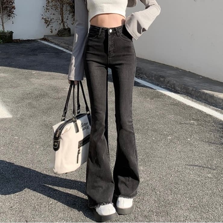 LADY LIKE 裾フリンジフレアーデニム　フレアパンツ　パンツ　ストレッチ　美脚　楽ちん　カットオフ　セミフレアー　切りっぱなし　ヴィンテージ　ワンウォッシュ　カジュアル　韓国ファッション　春　夏 shoplistselect-10011465 SHOPLIST サンプル画像2