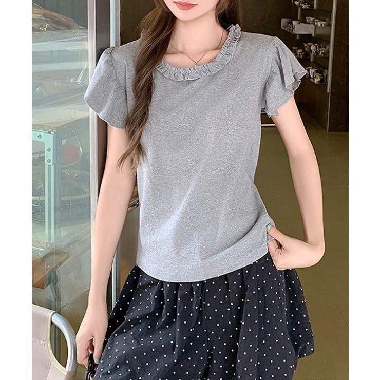 【10％OFFクーポン！7/26(日)1:59まで】Ulysses フリルクルーネック半袖Tシャツ トップス