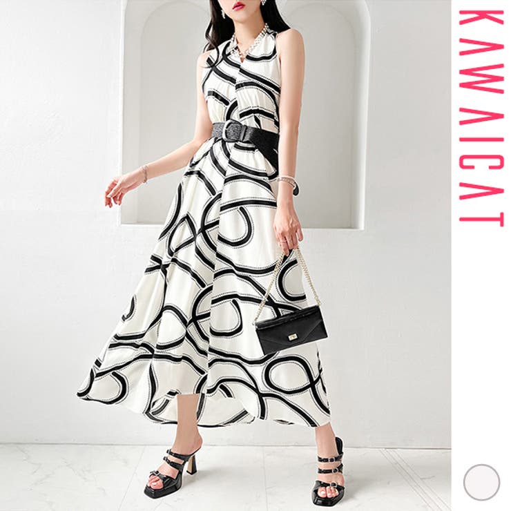 【10％OFFクーポン！11/27(木)1:59まで】KawaiCat ワンピース レディース ホルダーネック ノースリーブ ロング丈 マキシ丈 タイト フレア ハイウエスト Aライン ミモレ丈 柄 おしゃれ 上品 春 夏 韓国 to28774 ワンピー