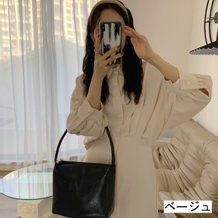 LADY LIKE ドルマンスリーブ七分袖シャツワンピース　ロング丈　ふんわり　ボリューム袖　リボン　セクシー　大人　カジュアル　韓国ファッション　タイト　半端袖　五分袖　前開き　シャツ衿　オフィス　通勤　セクシー　エレガント　春　夏　秋 ワンピース・