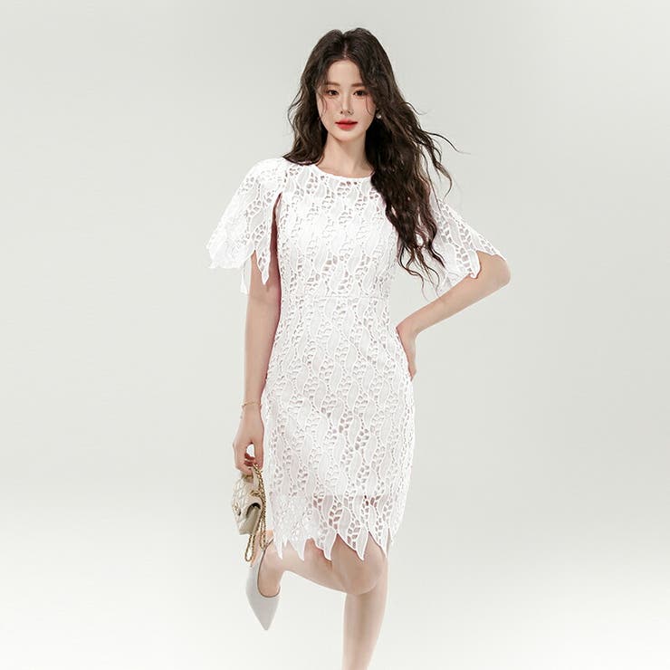 JS FASHION レース ミニ丈 ワンピース 透かしデザイン タイトフィット パーティードレス 刺繍レース ケープスリーブ ラウンドネック 結婚式 二次会 春 夏 大人可愛い お呼ばれスタイル S M L XL 2XL 大きい ホワイト ピンク 鮮 shoplistselect-10320983 SHOPLIST サンプル画像2