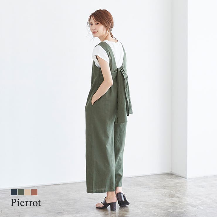【10％OFFクーポン！本日実施中】Pierrot バックリボン 綿麻 オールインワンバックリボン 綿 麻 綿麻 洗濯 洗える パンツ・ズボン