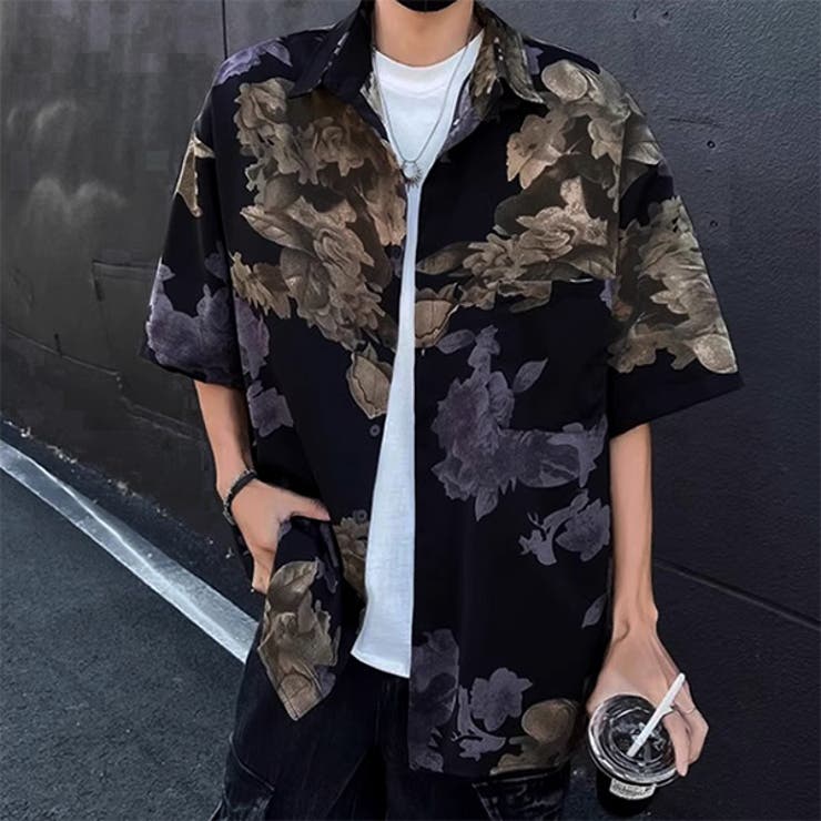 Decorative 柄シャツ 花柄 フラワー ダークカラー くすみカラー 大花 ミステリアス ブラック 黒 パープル 紫 カーキ 半袖 半袖シャツ オーバーサイズ 衣装 韓国 大きいサイズ 個性的 春服 夏服 トップス