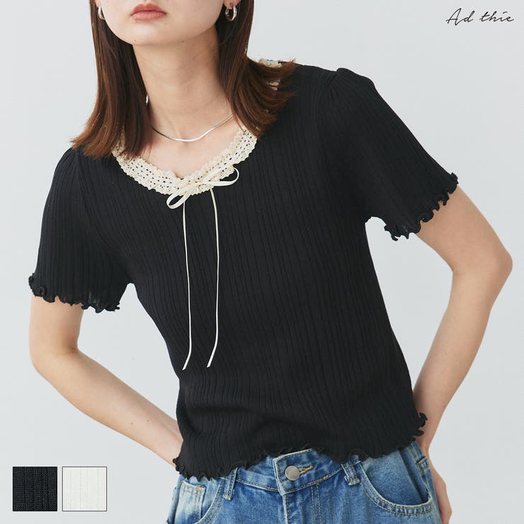 ad thie ネックリボンリブニットトップス トップス