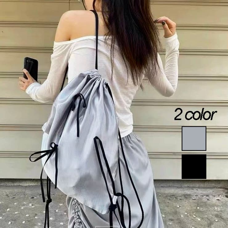 LADY LIKE リボン付きサテン巾着ナップザック バッグ・鞄のサムネイル