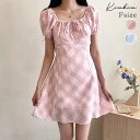 kirakiraShop チェック柄パフスリーブミニワンピース ワンピース ミニスカート Aライン バレエコア フェミニン ガーリッシュ 大人可愛い きれいめ 春夏 チェック柄 リボン スクエアネック パフスリーブ 体型カバー ピンク ブルー ワンピー