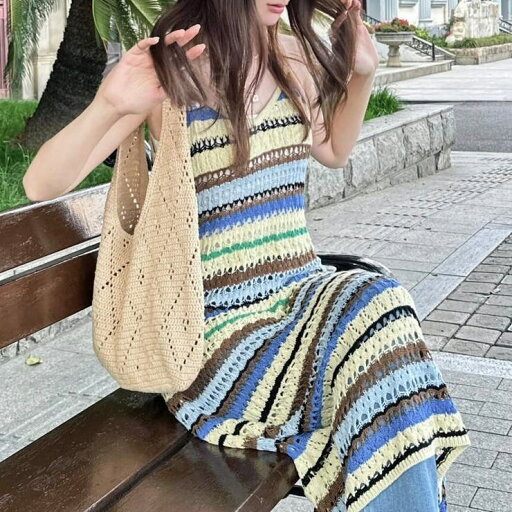 LADY LIKE マルチボーダーかぎ編みニットワンピース ワンピース・ドレス LADY LIKE マルチボーダーかぎ編みニットワンピース ワンピース・ドレス