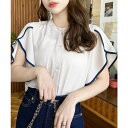 moment+ シフォンジョーゼットチューリップ袖配色パイピング半袖ブラウス トップス