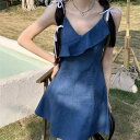Sibra キャミデニムフリルワンピース セクシー 夏服 韓国ファッション オフィスカジュアル 夏ワンピース シンプル キャミワンピース 10代 夏 ドレス 結婚式 韓国 キャバドレス セクシーワンピース ママ 大人気 通勤 通学 オフィス ジャンパー