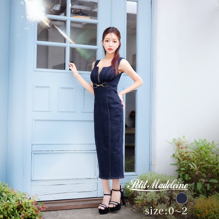 Dazzy [0~2サイズ/3サイズ展開] フロントジップデニムビットパーツノースリーブタイトロングドレス [桜井みづき着用/Petit Madeleine(プティマドレーヌ)] ワンピース・ドレス