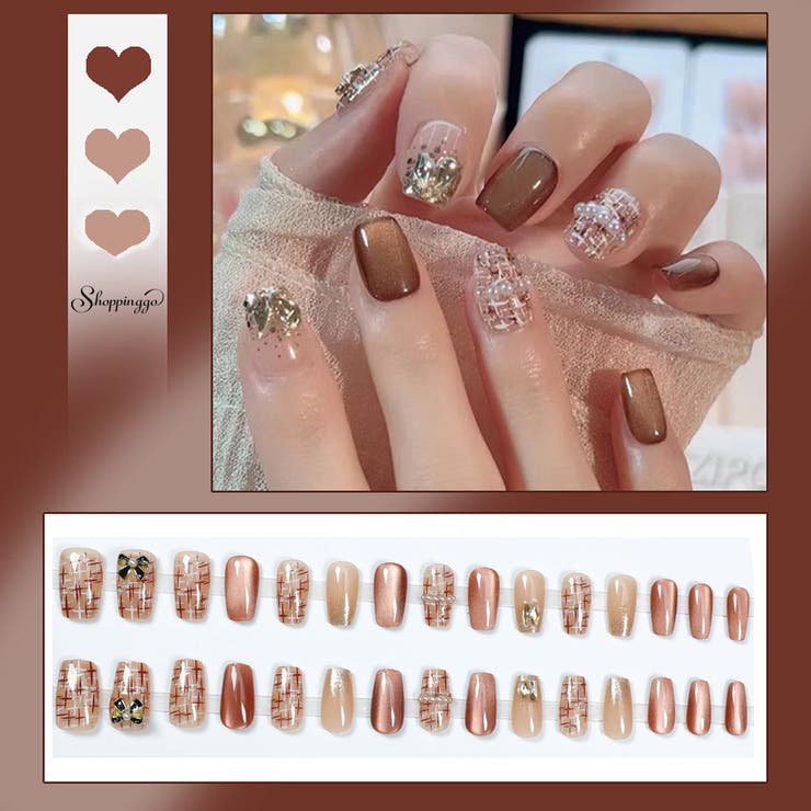 【10%OFFクーポン!11/27(木)1:59まで】shoppinggo ネイルチップ きらきら ショート シンプル リボン ネイルシール つけ爪 ネイルアー...