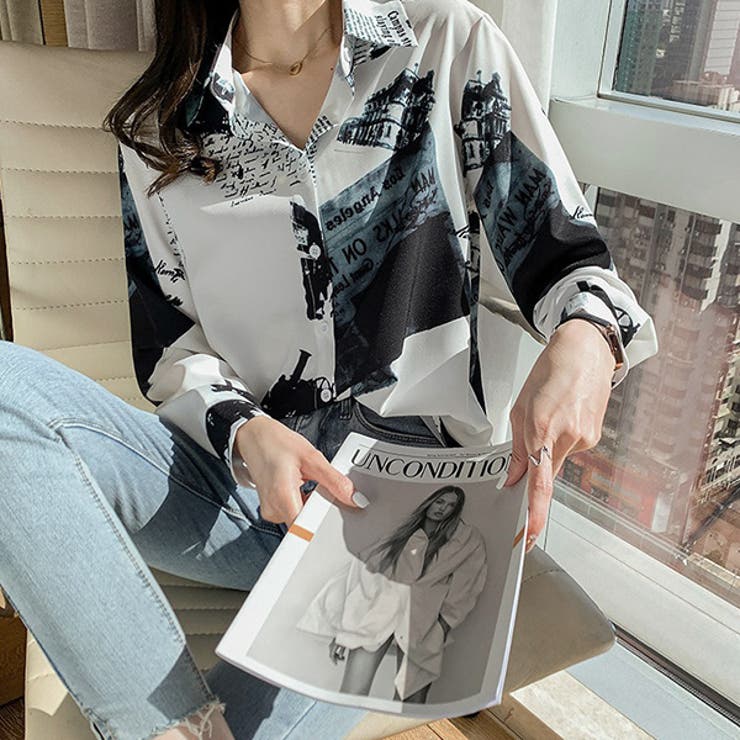 Decorative 柄シャツ 英字柄 メッセージプリント 文字 レタリング 新聞 記事 ぼかし 蒸気機関車 街並み..