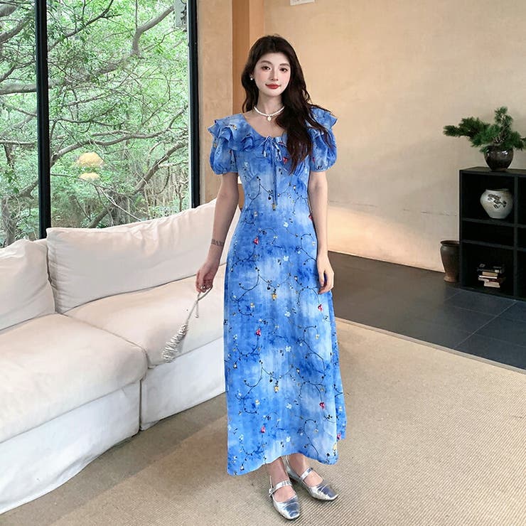 【10％OFFクーポン！11/27(木)1:59まで】JS FASHION 花柄ロングワンピース レトロ ビッグフリル リボン Vネック Aライン マキシ丈 ブルー イエロー 黄色 青色 半袖 ハイウェスト 春 夏服 S M L XL 2XL 大きいサイ