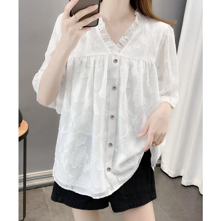 SUNSHINE CLOSET レディース 半袖薄手 シャツブラウス 体型カバートップス きれいめ 大人可愛い フェミニン服 着やせ 人気ゆったりシャツ トップス shoplistselect-10323641 SHOPLIST サンプル画像2