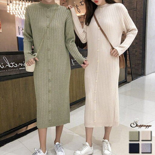 shoppinggo ハイネック ロング丈ニットワンピ リブニット ワンピース・ドレス shoppinggo ハイネック ロング丈ニットワンピ リブニット ワンピース・ドレス
