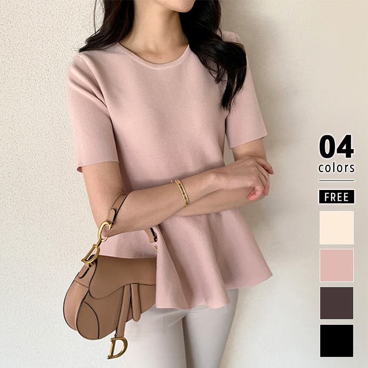 【5％OFFクーポン！10/9(木) 1:59まで！】COCOMOMO ペプラムトップス サマーニット オフィスカジュアル ペプラム トップス 半袖 夏トップス シンプル ニット レディース ペプラムニット きれいめ ニット 着痩せ クルーネック オフィのサムネイル