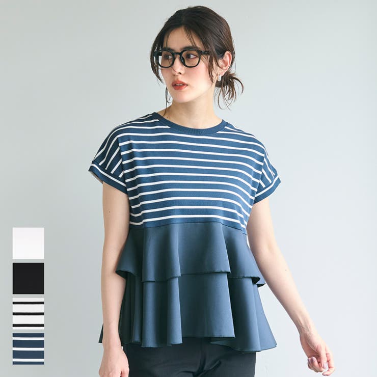 coca 異素材切り替え2段フリルTシャツ トップスのサムネイル