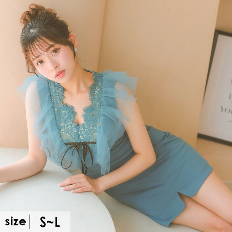 【10％OFFクーポン！11/27(木)1:59まで】Tika スカラップレース×チュールフリルタイトミニドレス ガーリードレス 袖なし リボン スリット キャバドレス キャバ ドレス S-Lサイズ ブルーグリーン 上ノ堀結愛 Tika ティカ ワンピー