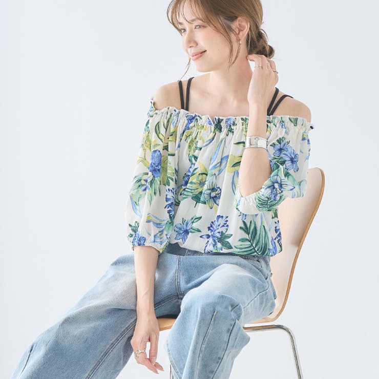 Growing Rich リゾート柄 オフショルダー トップス 半袖 夏 パフスリーブボタニカルフラワー オフショル ショート丈 花柄 リゾート レディース 楊柳 涼しい クロップド丈 春 大人 可愛い 二の腕カバー 五分袖 ボリューム袖 海 フェスのサムネイル