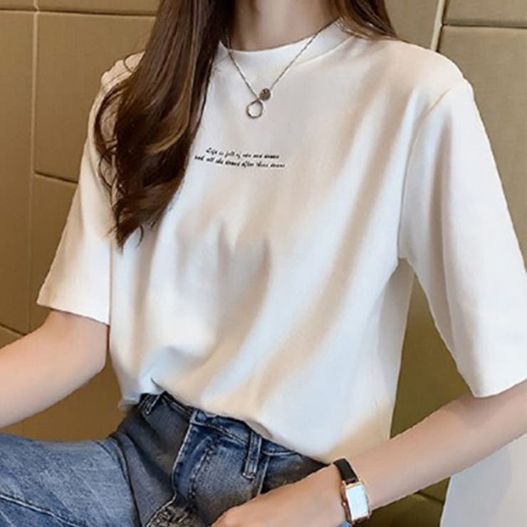 レースレディース 配色 ロゴプリント クルーネック 半袖 Tシャツ トップス セットインスリーブ レディース 春 夏 丸首 ロゴT ハーフスリーブ 袖長め 楽ちん 可愛い シンプル ベーシック デイリー カジュアル 通学 おでかけ おしゃれ 30代 韓