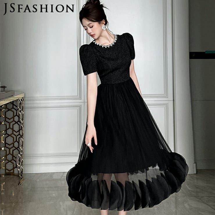 JS FASHION パーティードレス ブラック チュールワンピース ロング丈 立体的なフラワーモチーフ裾 切替 パールネック付き エレガント 春 夏 秋 冬 オケージョン セレブリティドレス パフスリーブ 半袖 黒 結婚式 披露宴 二次会 S M L