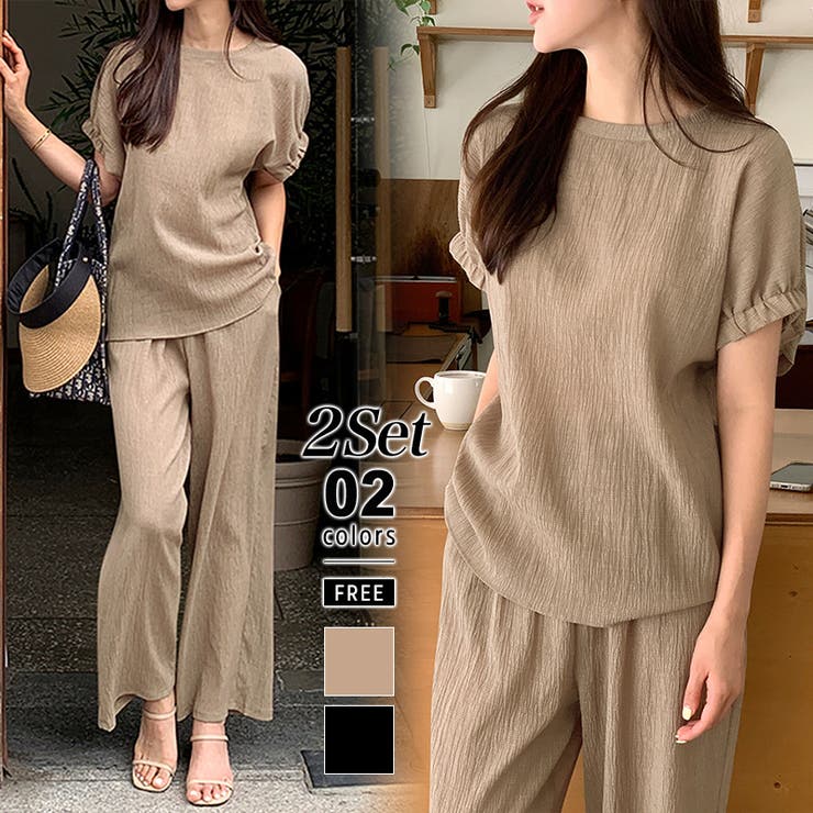 COCOMOMO セットアップ夏 半袖トップスワイドパンツセット パンツセットアップ 半袖 セットアップ 楊柳 セットアップ半袖 カジュアル レディース トップス ワイドパンツ パンツ カットソー 涼しい 上下 セット 2点セット 春夏 夏 夏服 韓国