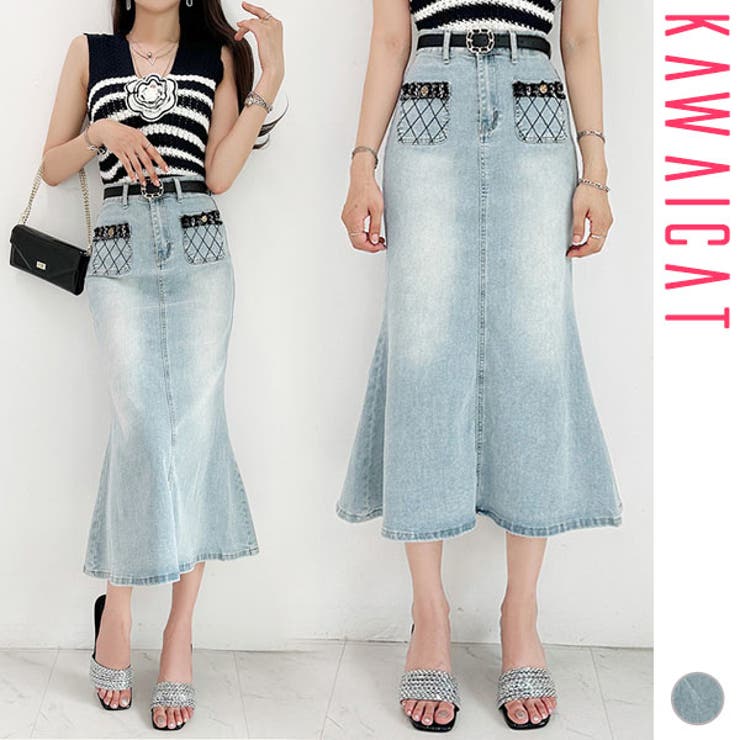 【10％OFFクーポン！11/27(木)1:59まで】KawaiCat スカート レディース デニム ボトムス タイト フレア マーメイド ハイウエスト ロング丈 マキシ丈 ミモレ丈 カジュアル おしゃれ 春 夏 韓国服 韓国 to28930 スカート