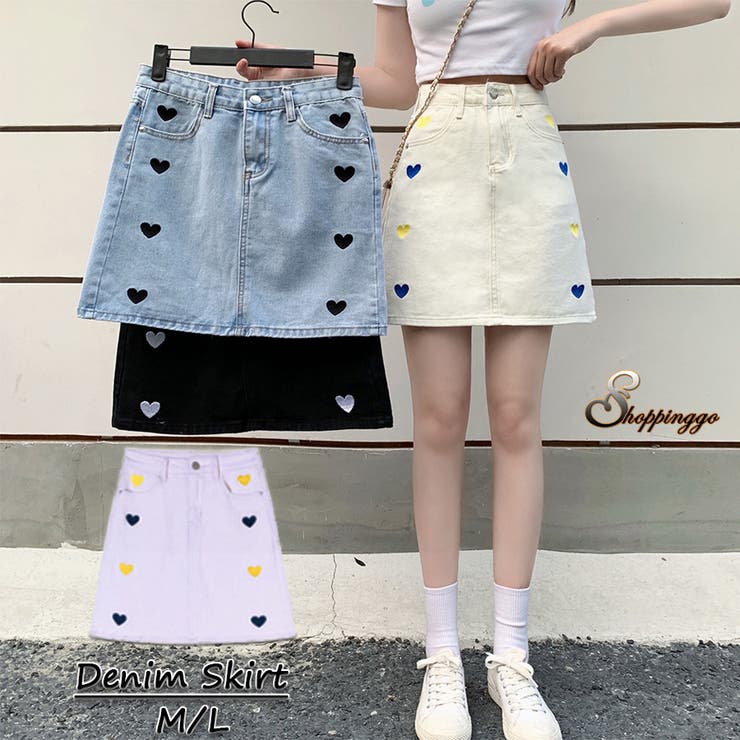 【20％OFFクーポン！6/5(金)限定】shoppinggo デニムスカート ハート柄 刺繍 レディース ミニスカート ウエストゴム 台形スカート 韓国風 ショート丈 Aラインスカート ハイウエスト スカート