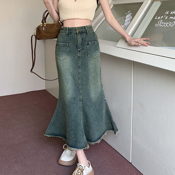 【10％OFFクーポン！11/27(木)1:59まで】shoppinggo デニムスカート ハイウエスト ロングスカート フレアスカート マキシ丈 ポケット付き フレア Aラインスカート 無地 ゆったり カジュアル スカート