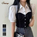【10%OFFクーポン 9/9 23:59まで】shoppinggo 夏服 半袖Tシャツ トップス ブラウス 袖あり 半袖 パフスリーブ 襟付き 切り替えデザイン かわいい 大人可愛い 上品 トップス