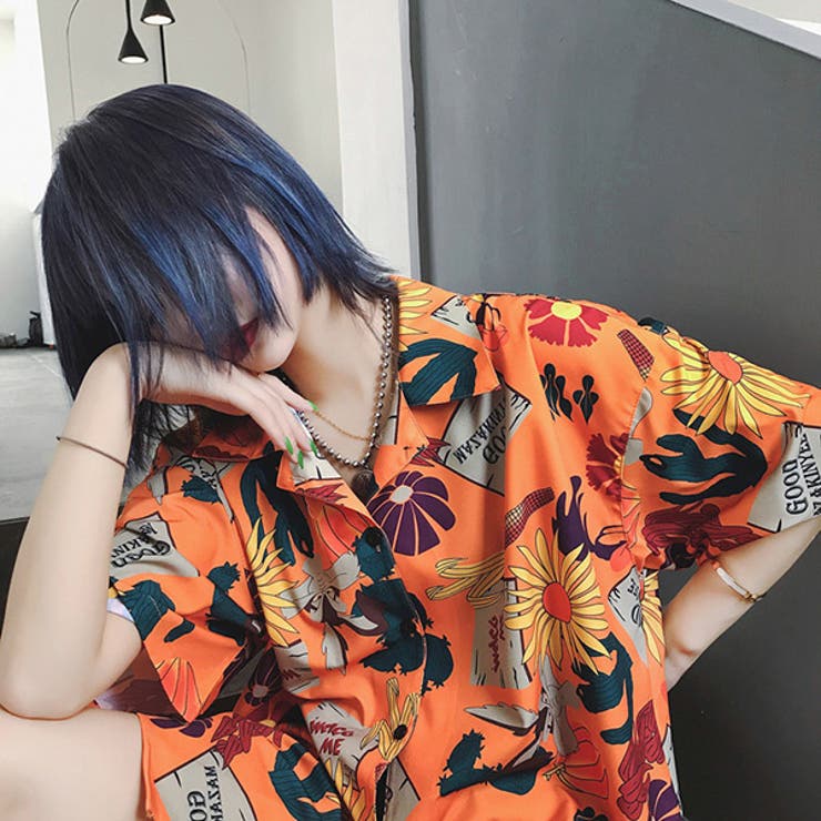 【10％OFFクーポン！3/26(木)1:59まで】Decorative 柄シャツ サンフラワー ビッグシャツ 夏 ダンス 衣装 ヒップホップ コスチューム 韓国ファッション 大きいサイズ 個性的 服 原宿系 トップス