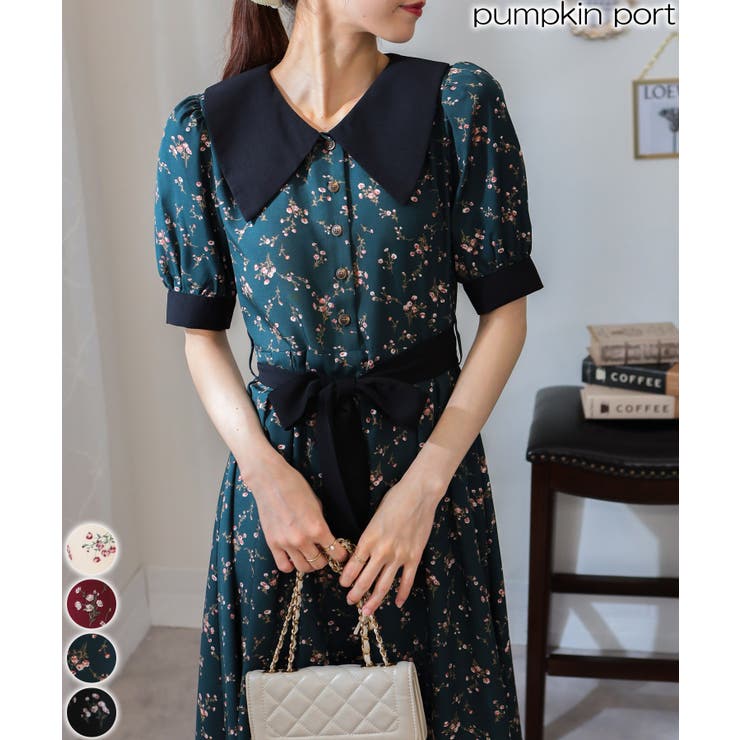 Pumpkin Port リボンベルト付 花柄 クレリック 半袖ワンピース ワンピース・ドレス