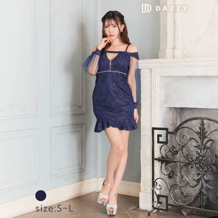 Dazzy [SML/3サイズ展開] グリッターレースオフショルジップビジューマーメイドミニドレス [伊藤桃々着用] ワンピース・ドレス