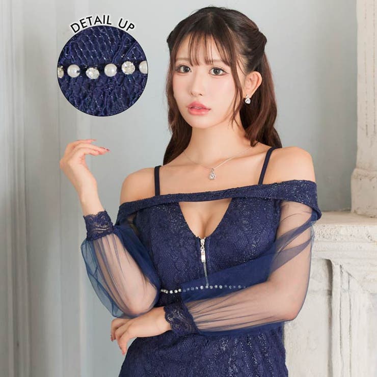 Dazzy [SML/3サイズ展開] グリッターレースオフショルジップビジューマーメイドミニドレス [伊藤桃々着用] ワンピース・ドレス