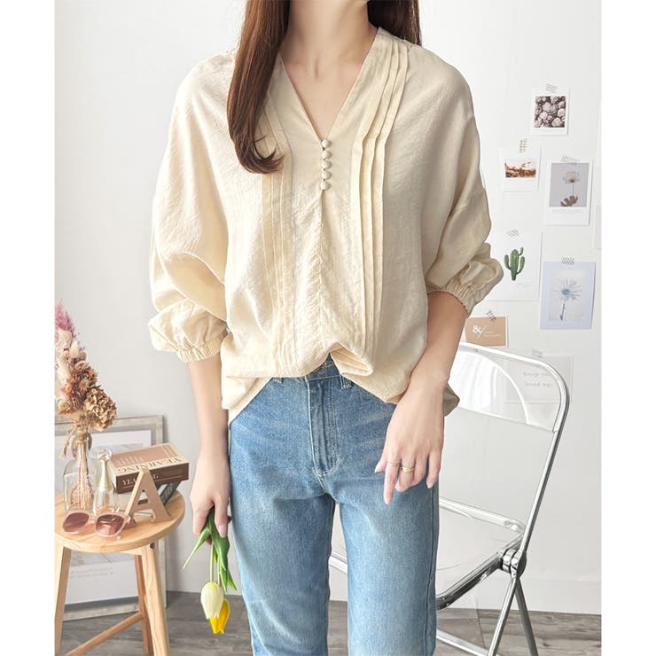 Amulet くるみボタンブラウス 長袖 ブラウス シャツ Vネック レディースファッション レディース トップス 綺麗 可愛い ボタン トップス shoplistselect-10024665 SHOPLIST サンプル画像2