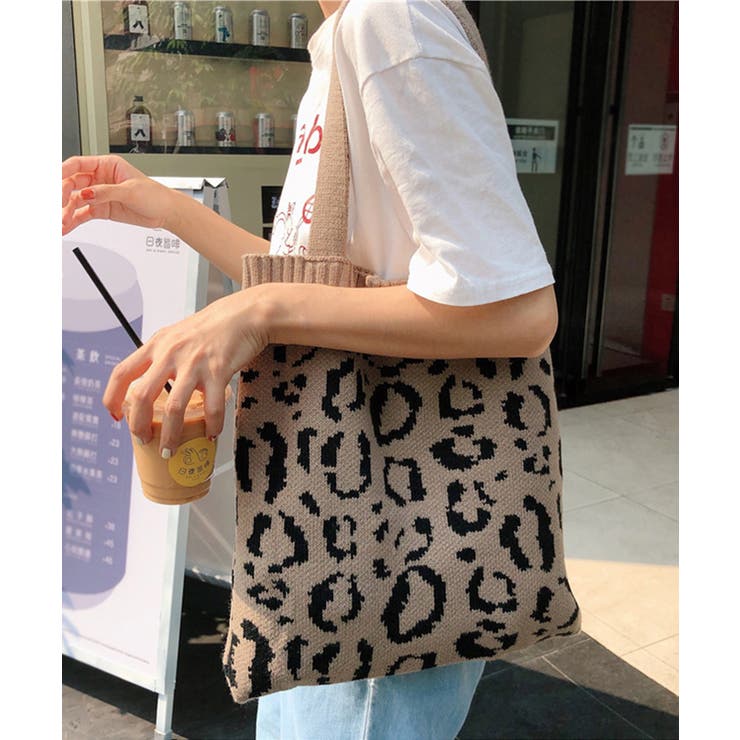 【10％OFFクーポン！1/29(木)1:59まで】aimoha トートバッグ ニット a4 ニットバッグ 通学 秋冬 レオパード 軽量 大容量 おしゃれ 可愛い エコバッグ ホワイト イエロー ブラウン グレー バッグ・鞄