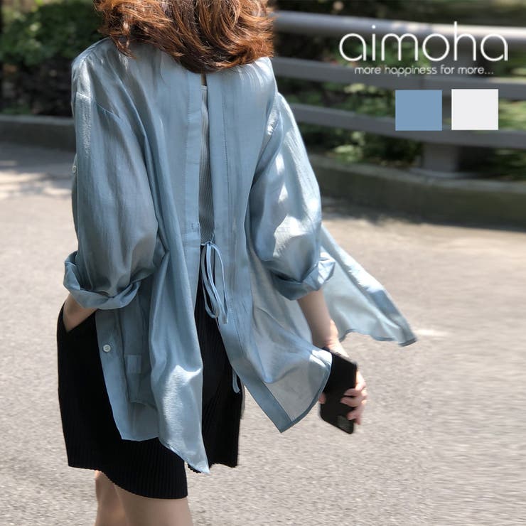 【10％OFFクーポン！7/26(日)1:59まで】aimoha 背中あきひもリボン付きブラウス 韓国ファッション ハイウエスト オフィスカジュアル セクシー スカート トップス シアーシャツ 春ワンピース 結婚式 ロングシャツ ロングワンピース 春服