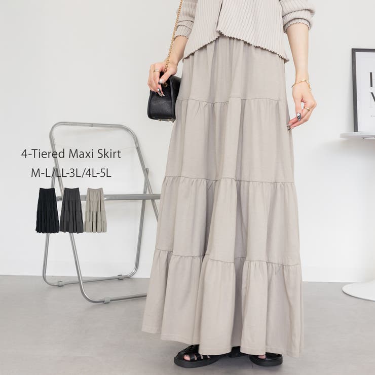 【10％OFFクーポン！11/27(木)1:59まで】JungleJalopy 4段 ティアード マキシスカート ロングスカート スカート ボトムス ウエストゴム レディース 大きいサイズ スカート